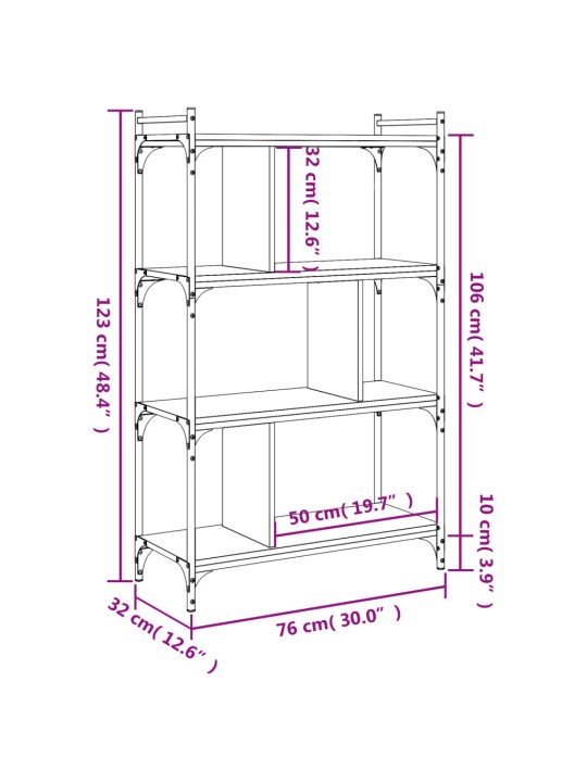 Raamaturiiul 4 korrust, suitsutamm, 76x32x123 cm, tehispuit