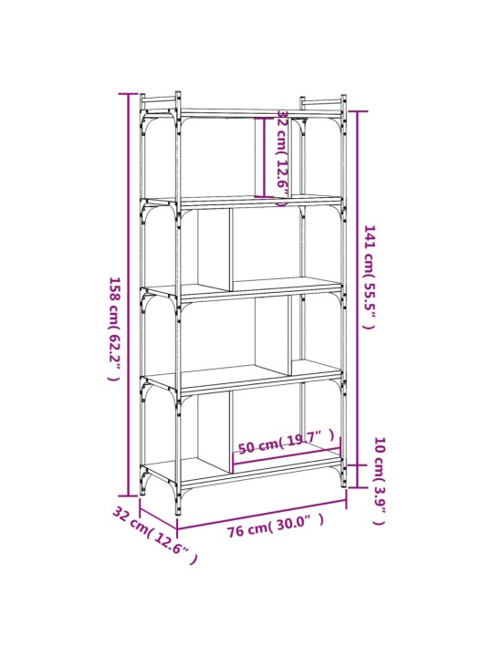 Raamaturiiul 5 korrust, pruun tamm, 76x32x158 cm, tehispuit