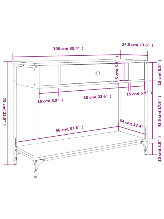 Konsoollaud, hall sonoma tamm, 100 x 34,5 x 75 cm, tehispuit