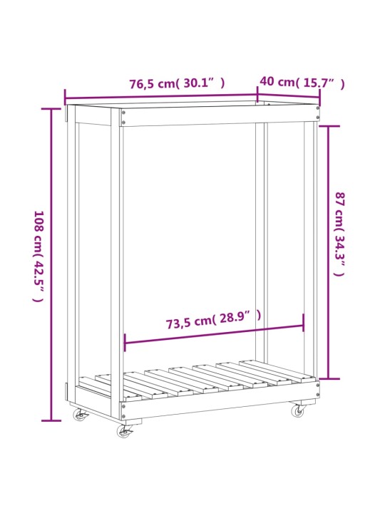 Küttepuude alus ratastega, valge, 76,5 x 40 x 108 cm, männipuit