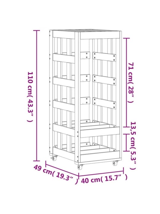 Küttepuude alus ratastega, valge, 40 x 49 x 110 cm, männipuit