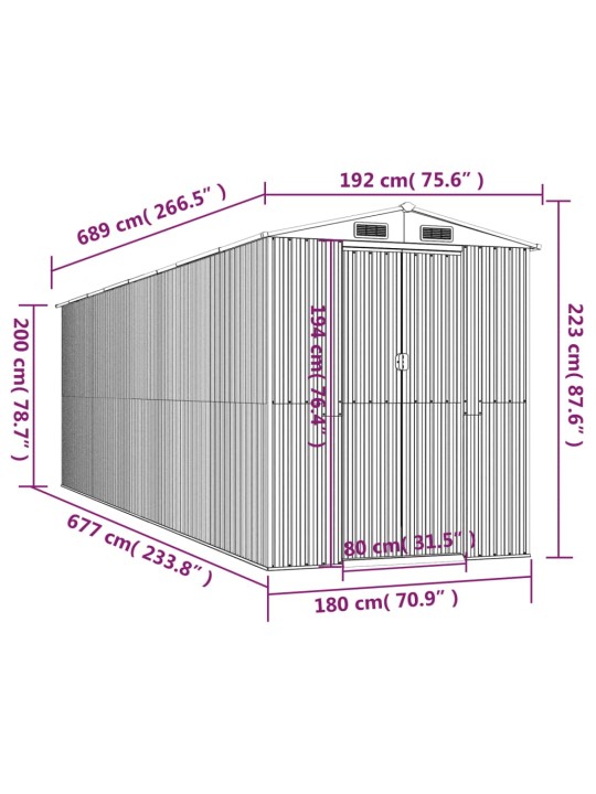 Aiakuur, helehall, 192 x 689 x 223 cm, tsingitud teras