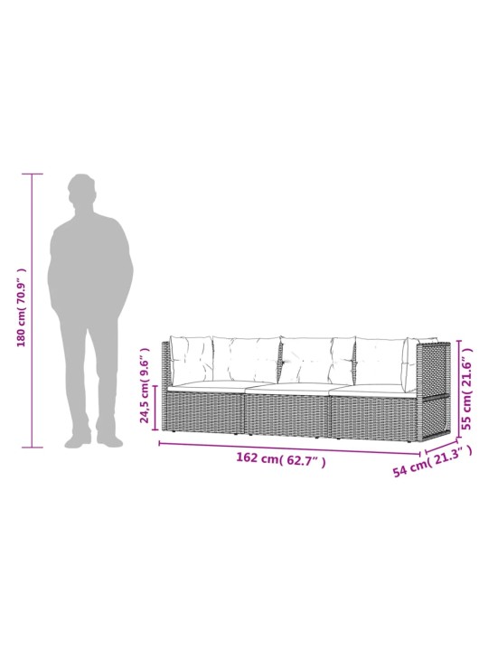 3-osaline aiamööblikomplekt patjadega, must, polürotang