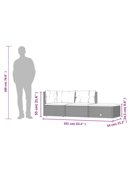 3-osaline aiamööbli komplekt patjadega, hall, polürotang