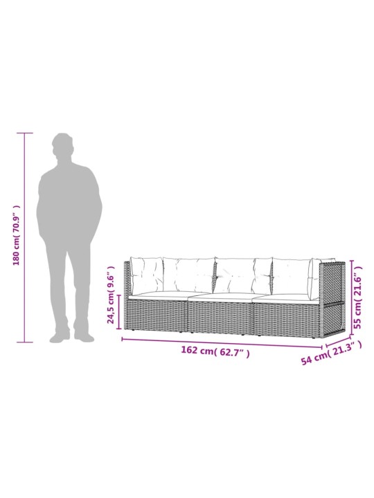 3-osaline aiamööbli komplekt patjadega, hall, polürotang