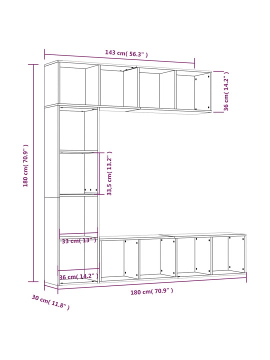 3-osaline raamatu-/telerikapp, suitsutatud tamm 180x30x180 cm