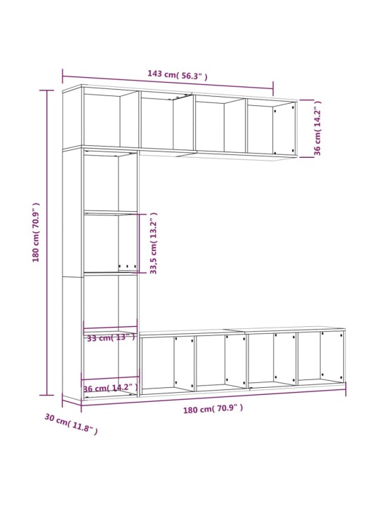 3-osaline raamatu-/telerikapp, pruun tamm, 180 x 30 x 180 cm