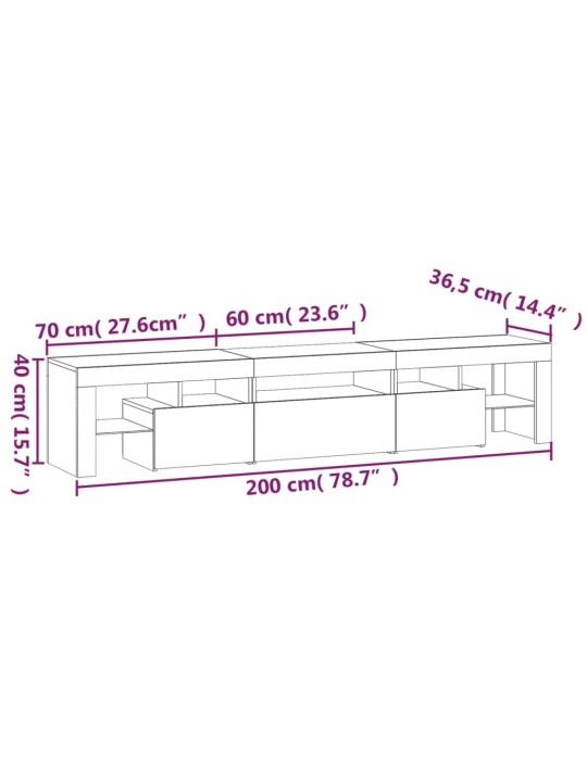 Telerialus LED-tuledega, suitsutatud tamm, 200x36,5x40 cm