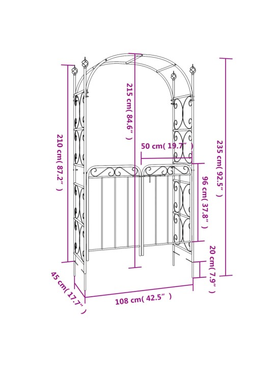 Väravaga aiakaar, must, 108 x 45 x 235 cm, teras