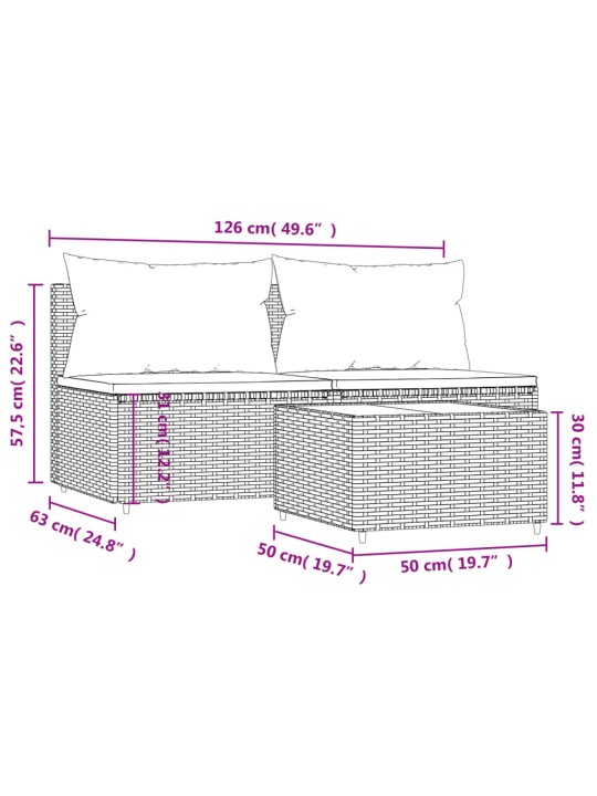 3-osaline aiamööbli komplekt patjadega, hall, polürotang