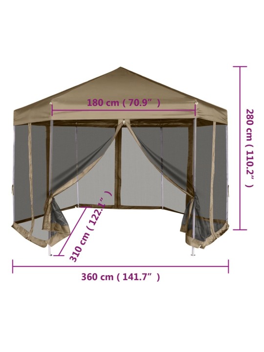 Kuusnurkne pop-up telk külgseintega, 3,6x3,1 m, pruunikashall