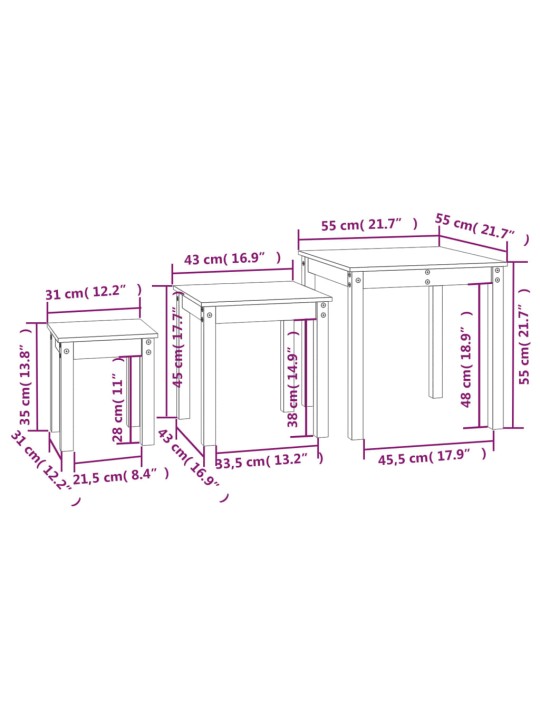 Üksteise alla mahtuvad lauad, 3 tk, valge, männipuit
