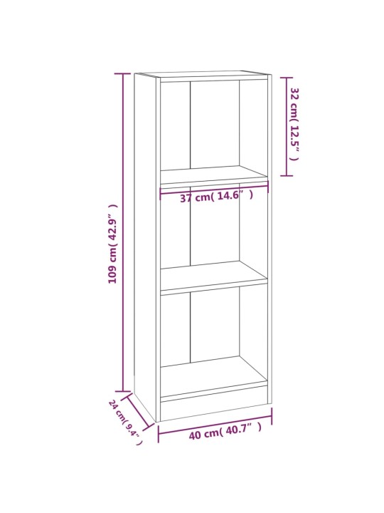 3 riiuliga raamaturiiul suitsutatud tamm 40x24x109 cm tehispuit