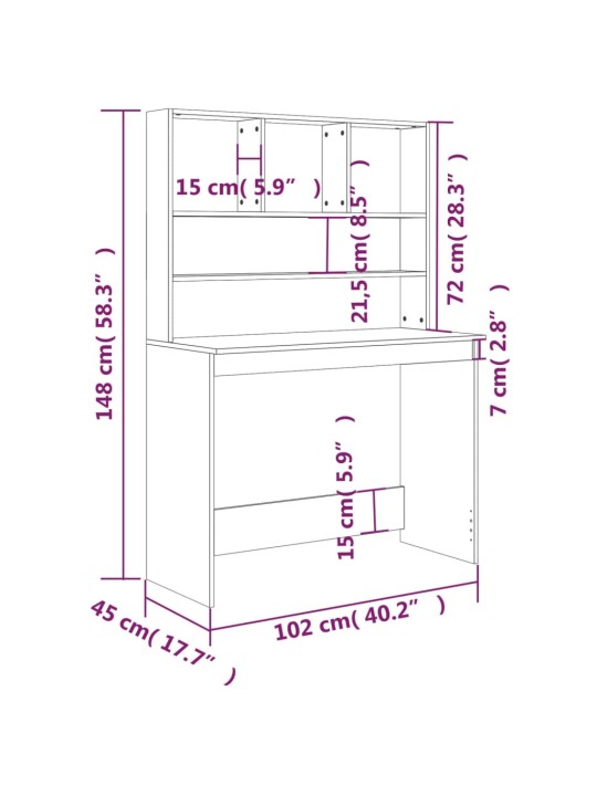 Kirjutuslaud riiulitega, hall sonoma, 102x45x148 cm, tehispuit