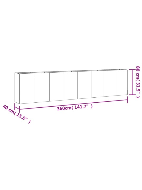 Taimekast, 360 x 40 x 80 cm, corten-teras