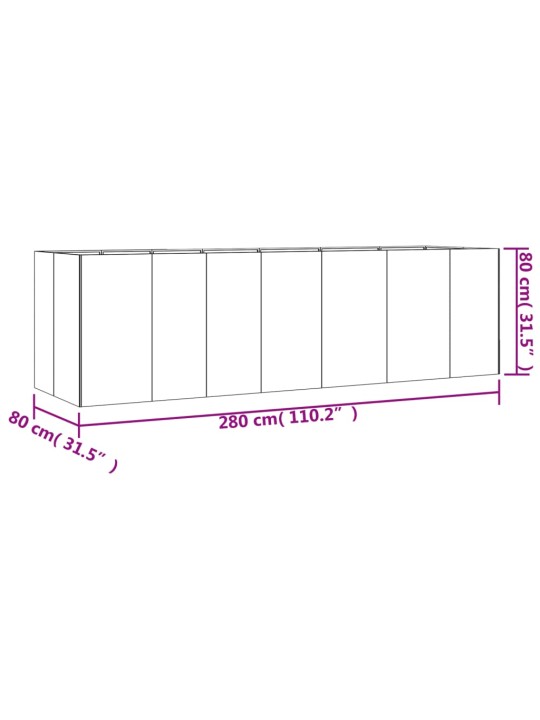 Taimekast, 280 x 80 x 80 cm, corten-teras