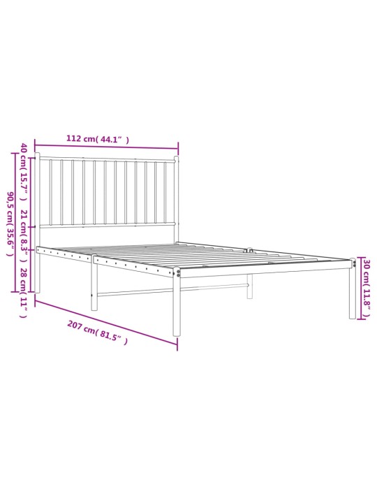 Metallist voodiraam peatsiga, must, 107 x 203 cm