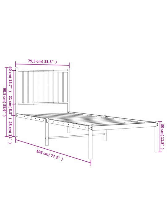 Metallist voodiraam peatsiga, valge, 75x190 cm