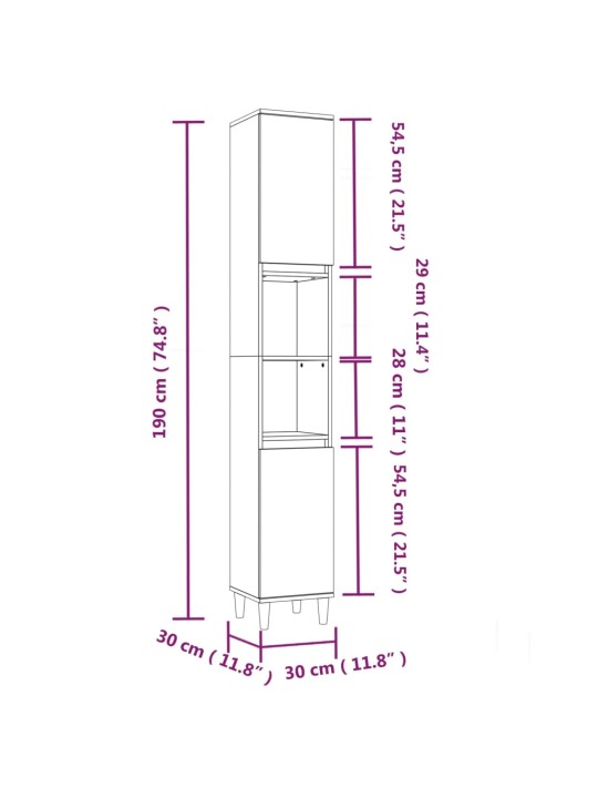 Vannitoakapp, pruun tamm, 30 x 30 x 190 cm, tehispuit