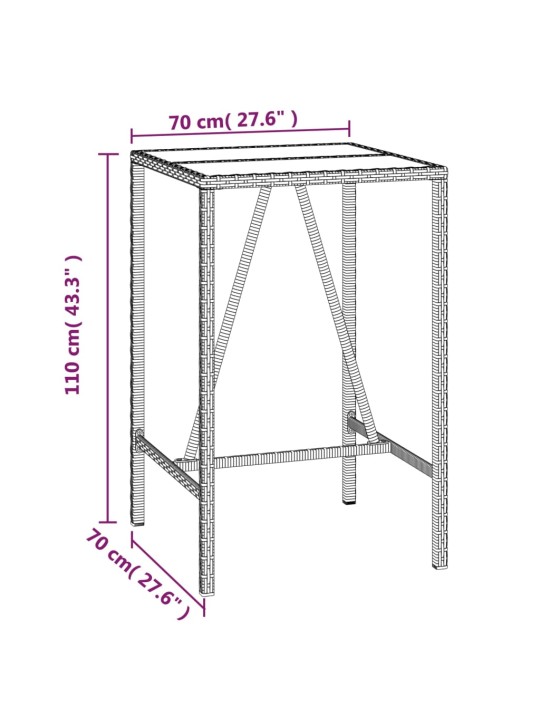 Baarilaud klaasplaadiga, must, 70 x 70 x 110 cm, polürotang