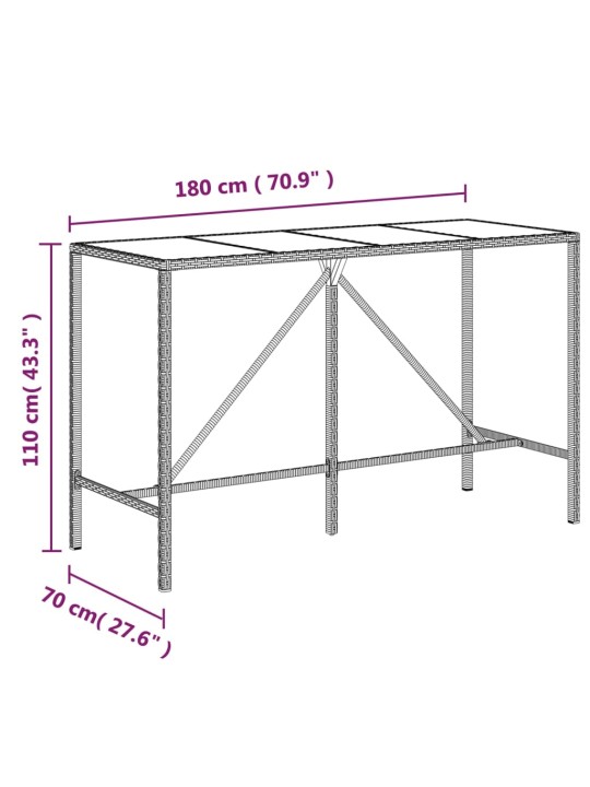 Baarilaud klaasplaadiga, must, 180 x 70 x 110 cm, polürotang