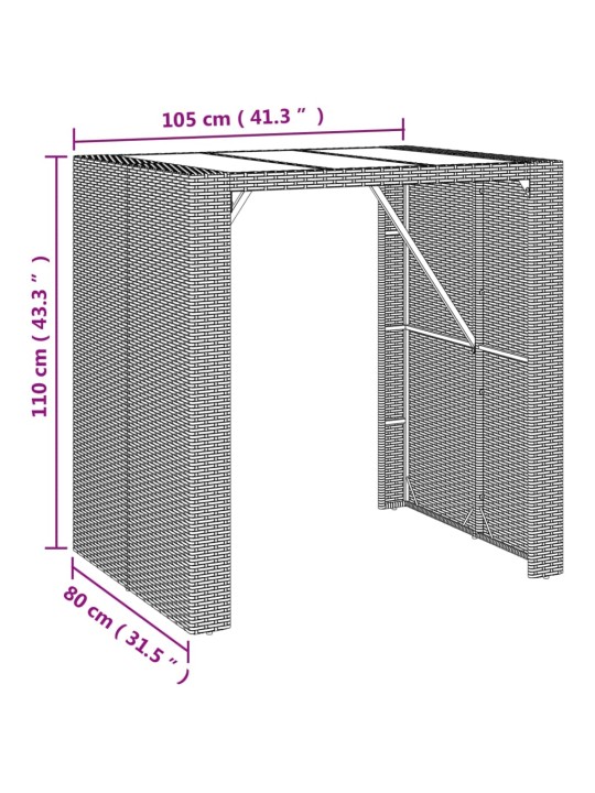 Baarilaud klaasplaadiga, hall, 105 x 80 x 110 cm, polürotang