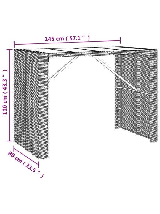 Baarilaud klaasplaadiga, hall, 145 x 80 x 110 cm, polürotang