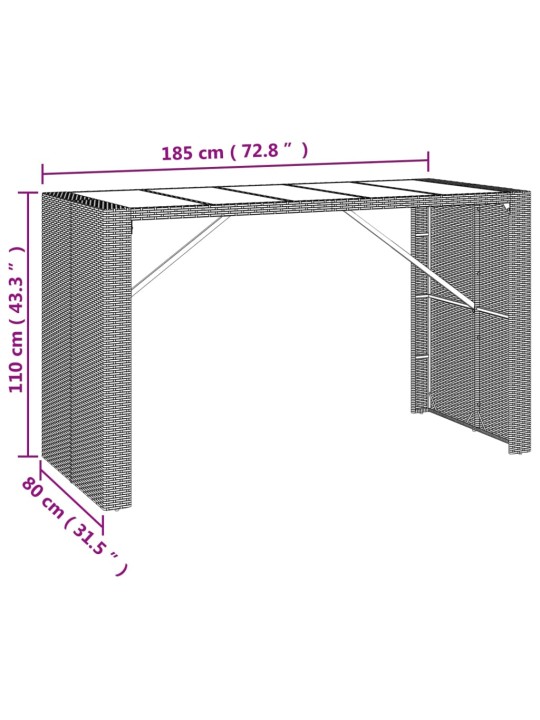 Baarilaud klaasplaadiga, hall, 185x80x110 cm, polürotang