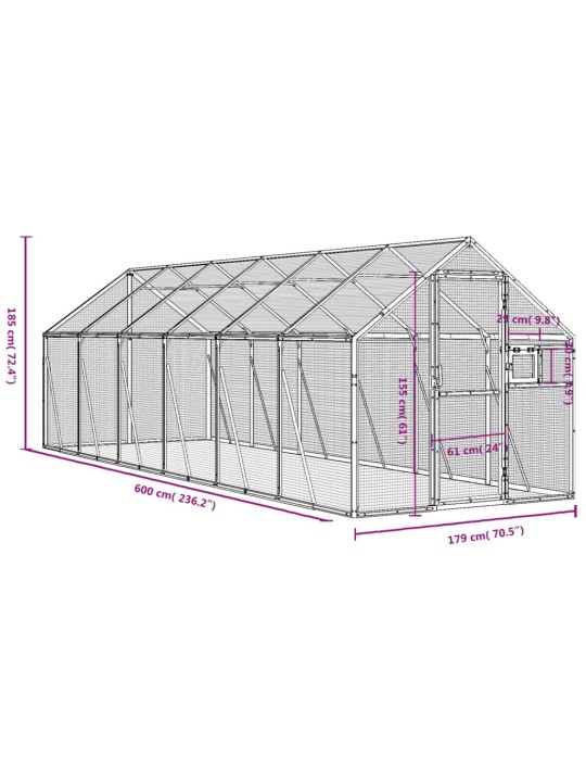 Linnumaja, hõbedane, 1,79x6x1,85 m alumiinium