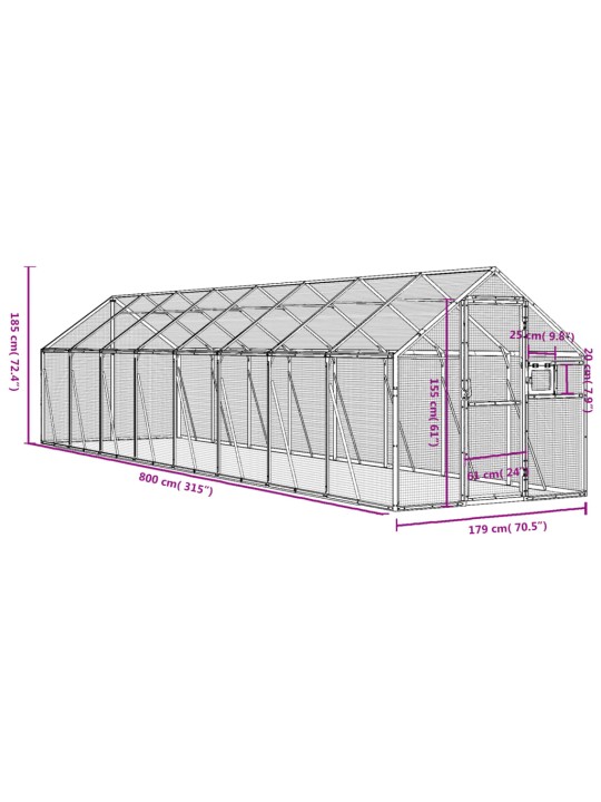 Linnumaja, hõbedane, 1,79x8x1,85 m alumiinium