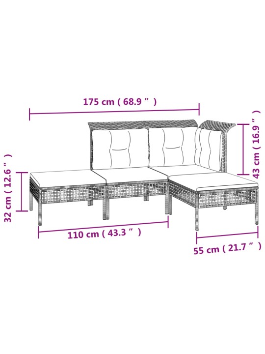 4-osaline aiamööblikomplekt patjadega, hall, polürotang