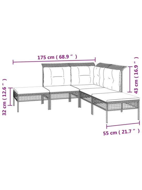 5-osaline aiamööbli komplekt patjadega, hall, polürotang