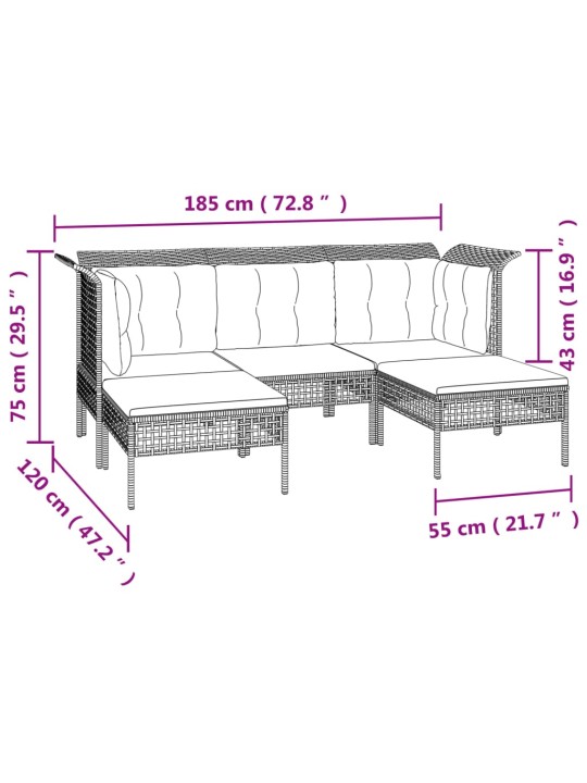 5-osaline aiamööbli komplekt patjadega, hall, polürotang