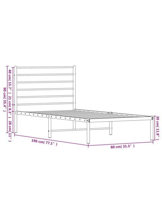 Metallist voodiraam peatsiga, valge, 75x190 cm