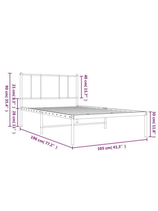 Metallist voodiraam peatsiga, valge, 100 x 190 cm