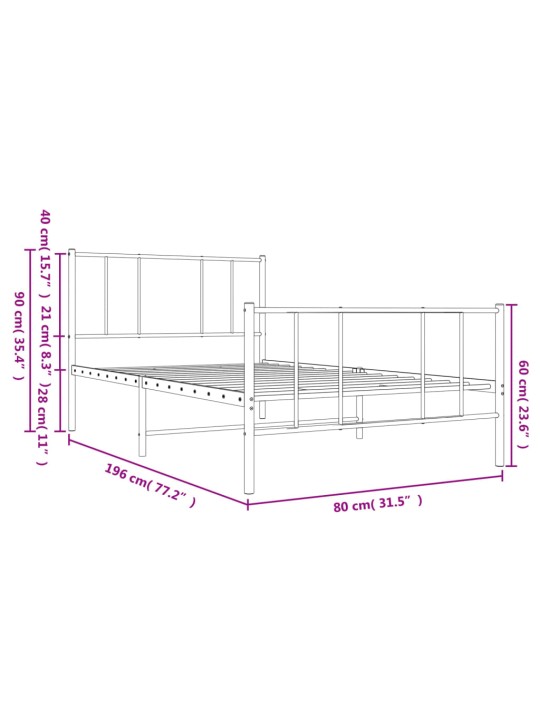 Metallist voodiraam peatsi ja jalutsiga, valge, 75x190 cm