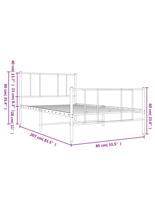 Metallist voodiraam peatsi ja jalutsiga, valge, 80 x 200 cm