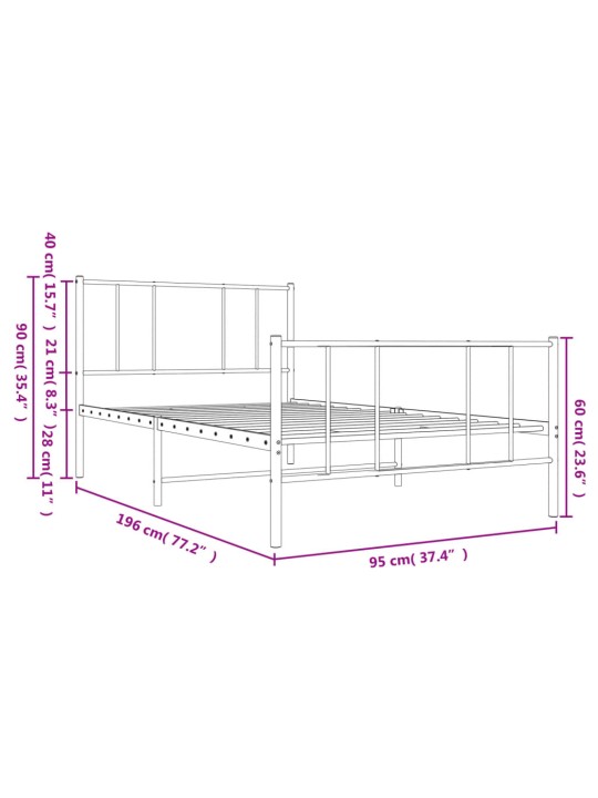 Metallist voodiraam peatsi ja jalutsiga, valge, 90 x 190 cm