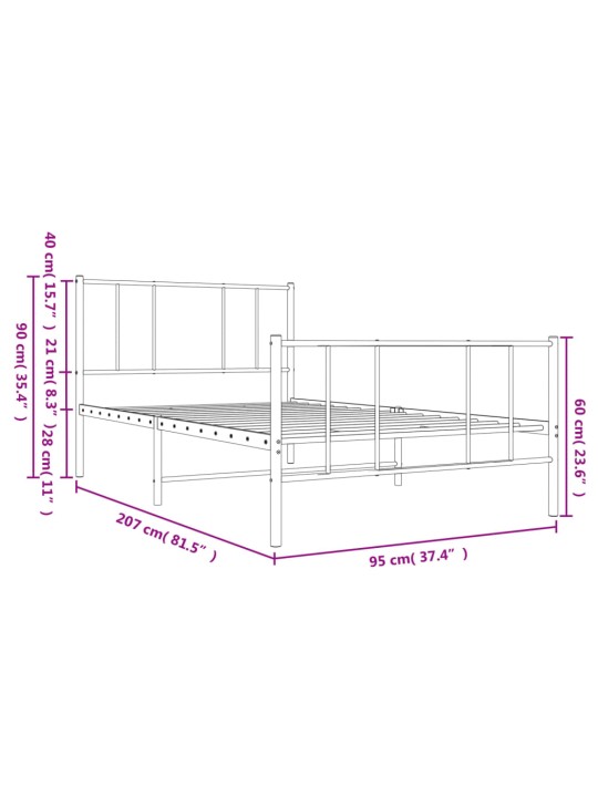 Metallist voodiraam peatsi ja jalutsiga, valge, 90 x 200 cm