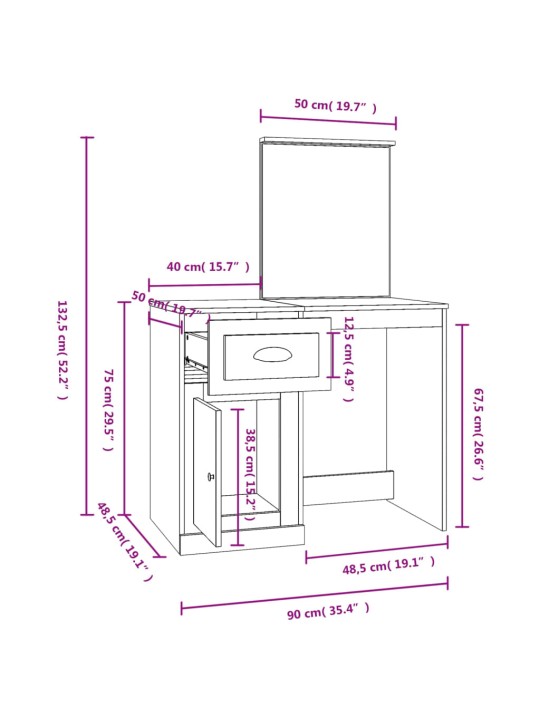 Peegliga tualettlaud, hall sonoma, 90x50x132,5 cm, tehispuit