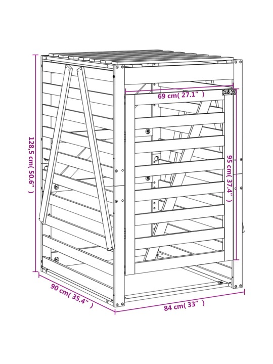 Ratastega prügikasti kuur, 84 x 90 x 128,5 cm, männipuit