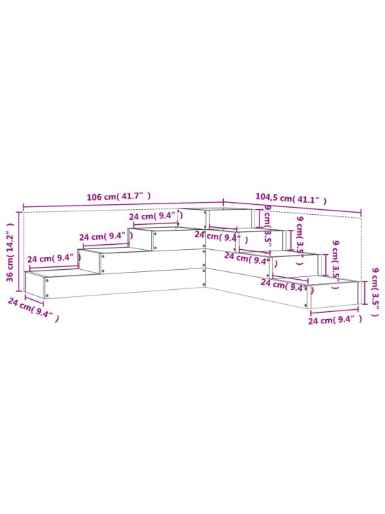 4-tasandiline taimekast, 106 x 104,5 x 36 cm, ebatsuuga puit