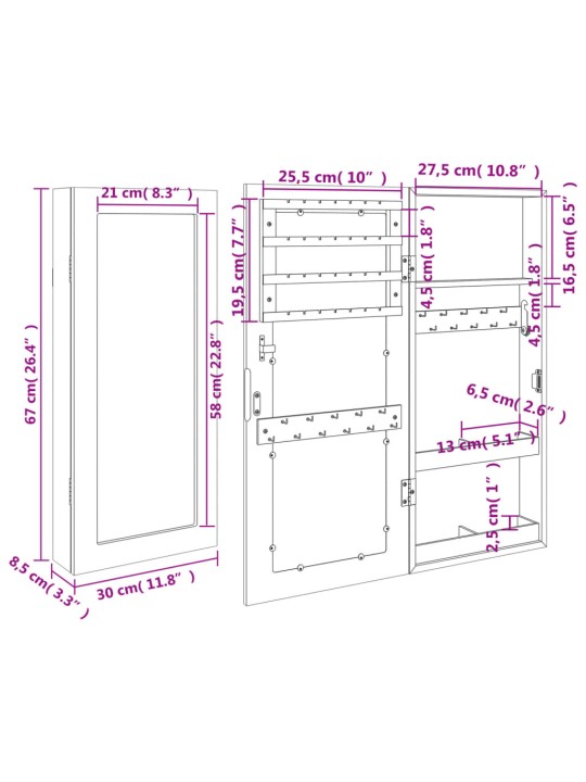 Seinale kinnitatav peegliga ehetekapp, valge, 30 x 8,5 x 67 cm