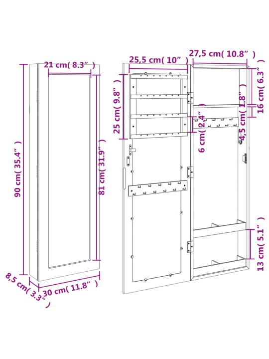 Seinale kinnitatav peegliga ehetekapp, valge, 30 x 8,5 x 90 cm