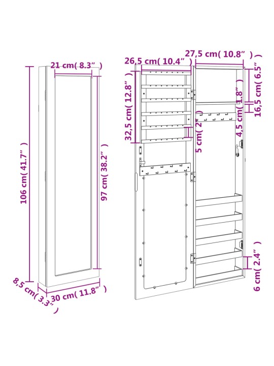 Seinale kinnitatav peegliga ehetekapp, valge, 30 x 8,5 x 106 cm