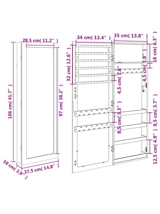 Seinale kinnitatav peegliga ehetekapp, valge, 37,5x10x106 cm