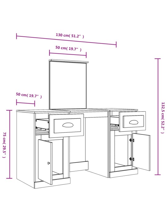 Peegliga tualettlaud, hall sonoma tamm, 130x50x132,5 cm