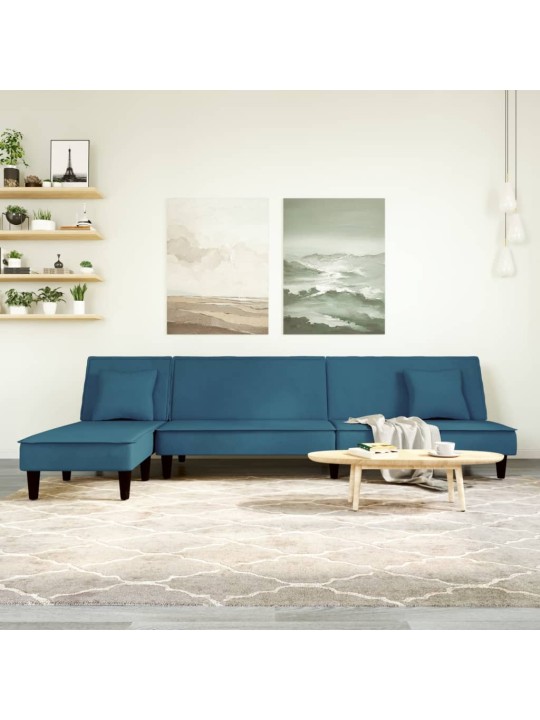 L-kujuline diivanvoodi, sinine, 255 x 140 x 70 cm, samet