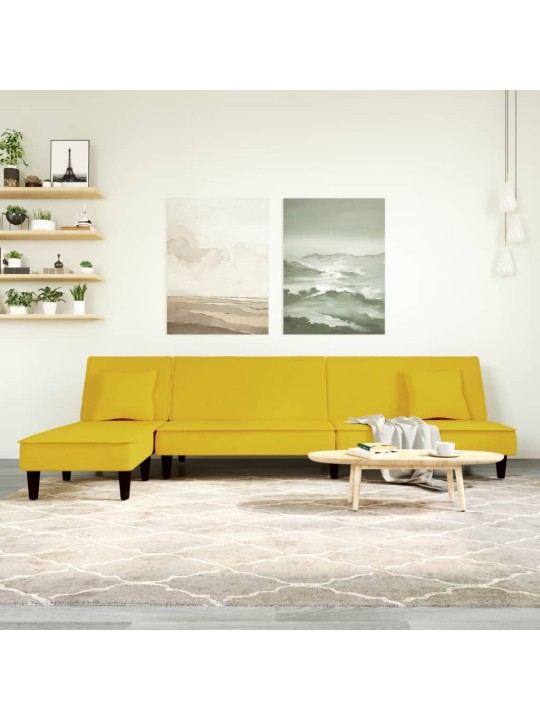 L-kujuline diivanvoodi, kollane, 255 x 140 x 70 cm, samet