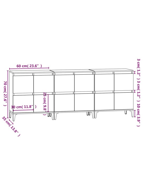 Puhvetkapid 3 tk, suitsutatud tamm, 60 x 35 x 70 cm, tehispuit